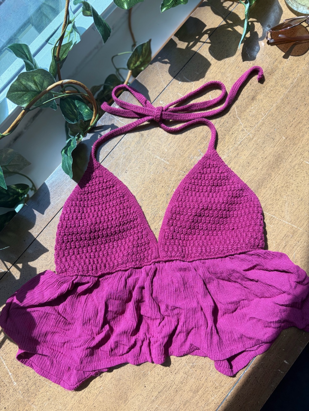 Garage Pink Crochet Halter Top Ruffle Crop Boho Festival Bikini Style M